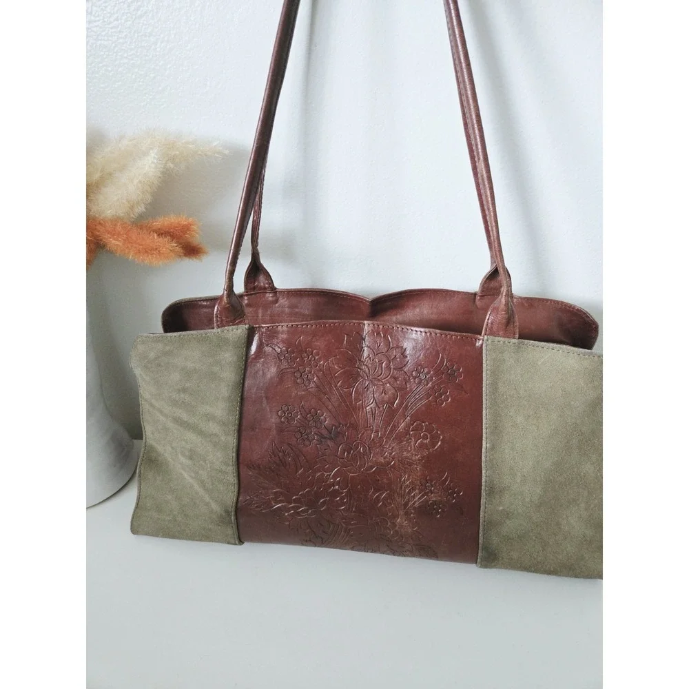 Leaders in Leather Purse Tooled Brown Leather‎ Green Suede Bag Floral Pattern